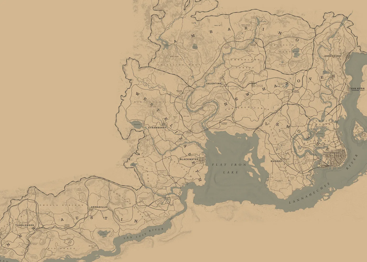 Karte des Quarantänebezirks mit Saint Denis, Valentine, Rhodes, Blackwater, Strawberry, Annesburg, Van Horn, Armadillo, Tumbleweed, Emerald Ranch, Wapiti, Wallace Station und Colter.