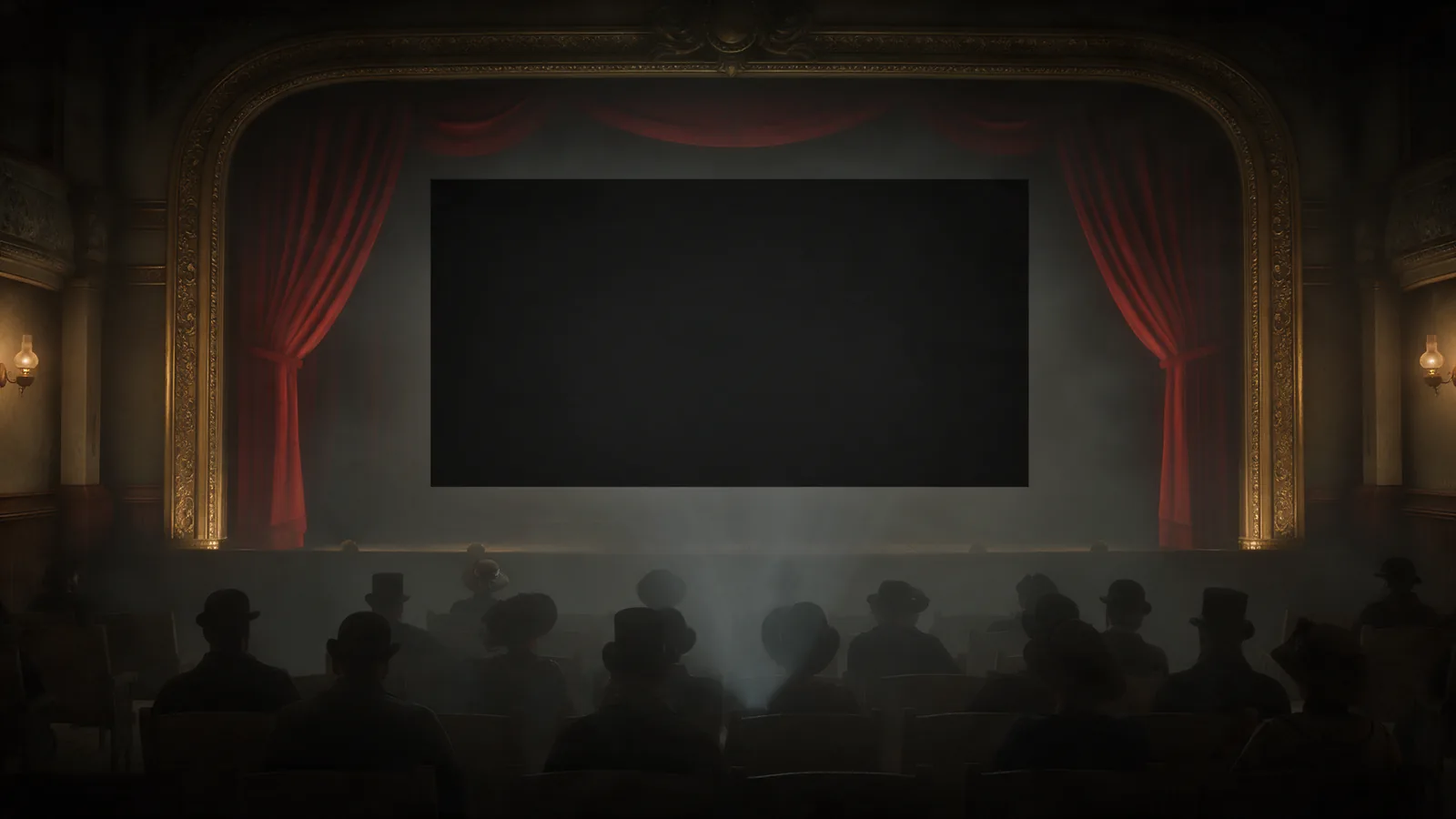Varieté-Theater um 1905: vergoldeter Bühnenrahmen, roter Samtvorhang, davor das Publikum im Gegenlicht des Projektors.