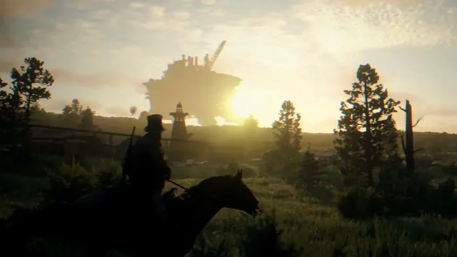 Reiter im Gegenlicht der Abendsonne, dahinter die Festung über den Heartlands.