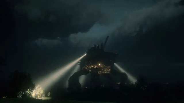Die Festung unter Gewitterwolken, Scheinwerfer schneiden durch die Nacht.