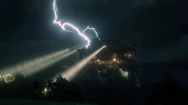 Ein Blitz schlägt bei Nacht in die Festung, ihre Scheinwerfer leuchten über den Wald.
