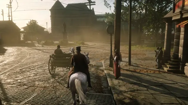 Staub und Sonne in Saint Denis: Kutsche, Passanten und ein Reiter auf dem Platz.