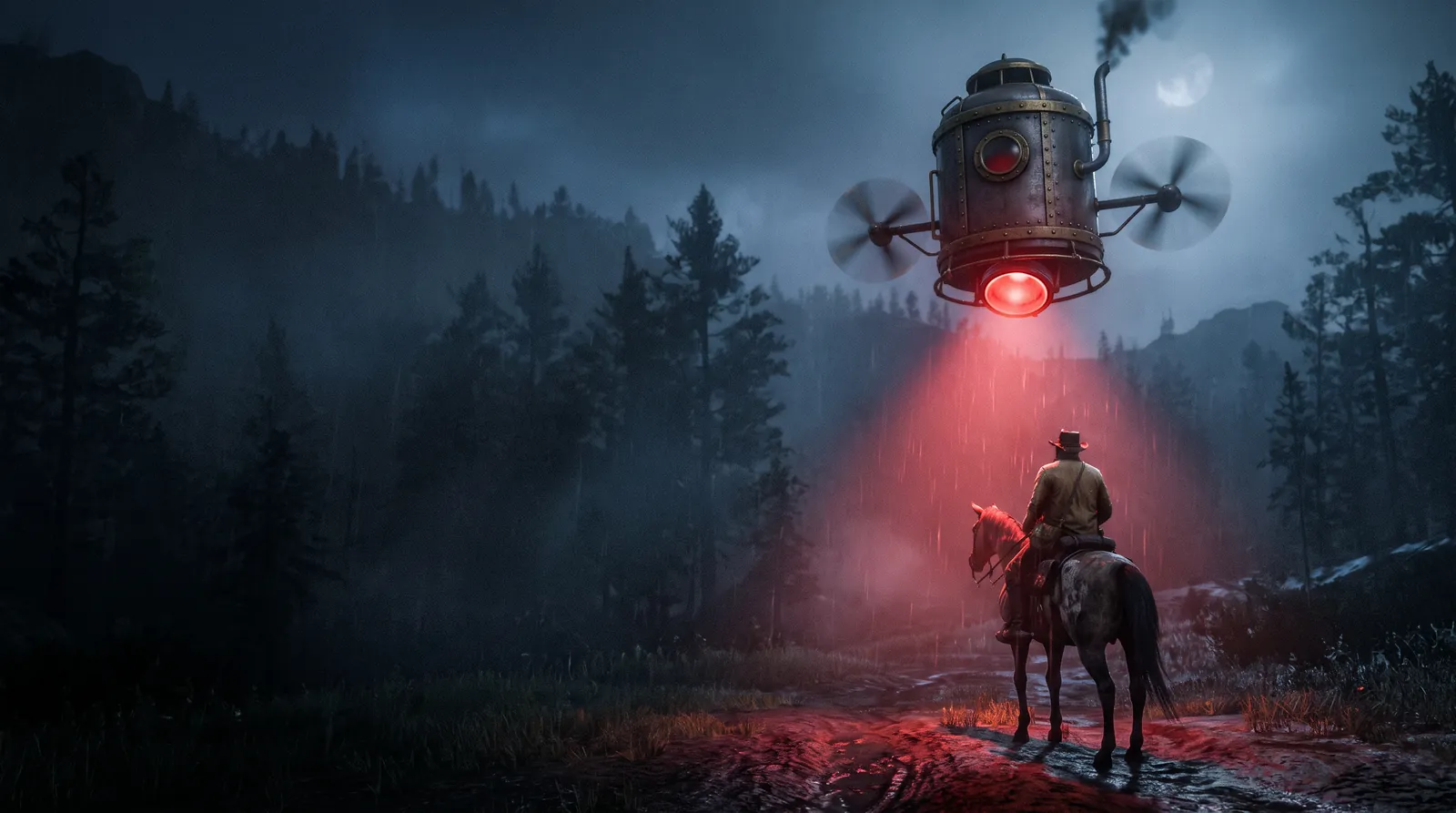 Nachts im Wald: Eine fliegende Maschine mit zwei Propellern richtet ein rotes Suchlicht auf einen Reiter.